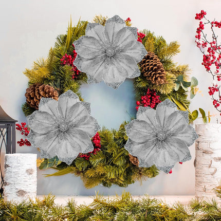 Briful 8in Magnolias Christmas Flowers Glittering Magnolia Flowers Artificial 6Pcs Gray Silver Magnolia Stems for Christmas Tree Decorations, Wreaths, Garland Real Touch Magnolia Xmas Picks