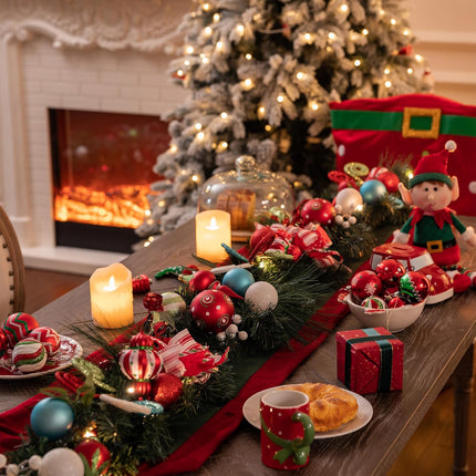Valery Madelyn 6 feet Pre-Lit Christmas Garland with Lights for Mantle, Lighted Battery Operated Elf Xmas Garland with Red Green Balls for Front Door Fireplace Table Centerpiece Outdoor Home Decor