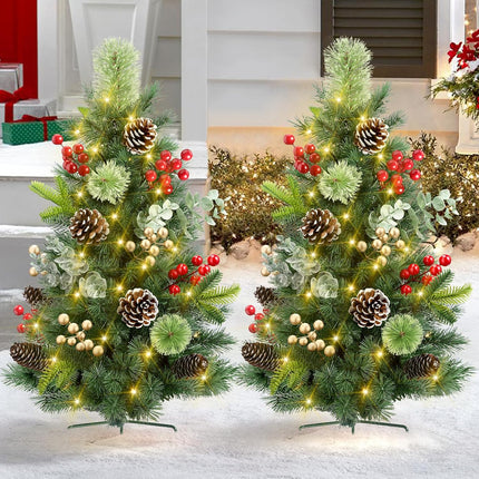 Hatisan Set of 2 30" Outdoor Pathway Christmas Trees, Battery Operated Christmas Tree with 60 LED Lights Berries Pine Cones Eucalyptus Stems, Outdoor Christmas Trees for Porch Garden Yard Driveway