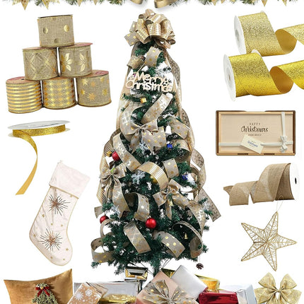 MEEDEE Gold Burlap Wired Ribbon 2.5 Inch 6 Rolls 36 Yards Christmas Ribbon Burlap Ribbon for Christmas Tree Gold Burlap Ribbon Gold Tree Ribbon Garland Gold Stripe Ribbon Christmas Ribbon Set