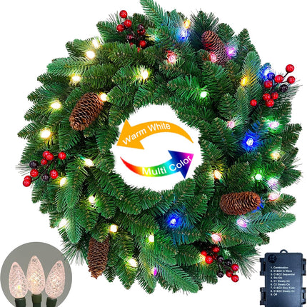 26 inches Pre-lit Artificial Christmas Wreath with Red Berries, Pine Cones, 40 C3 Dual-Color Multi-Functional Battery Operated LED Lights with Timer