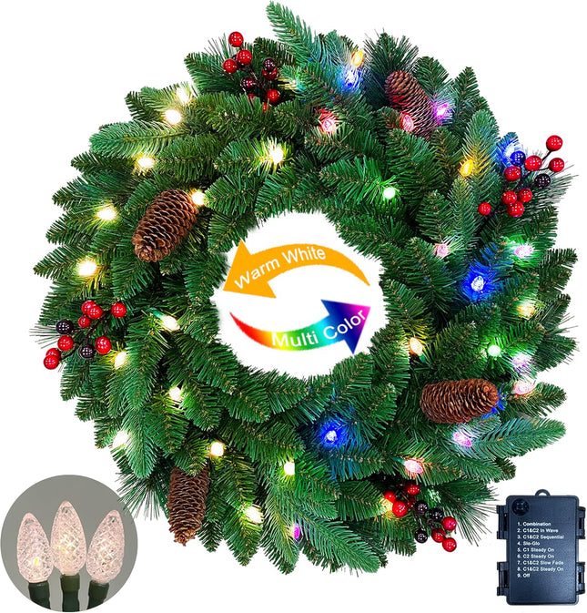 26 inches Pre-lit Artificial Christmas Wreath with Red Berries, Pine Cones, 40 C3 Dual-Color Multi-Functional Battery Operated LED Lights with Timer