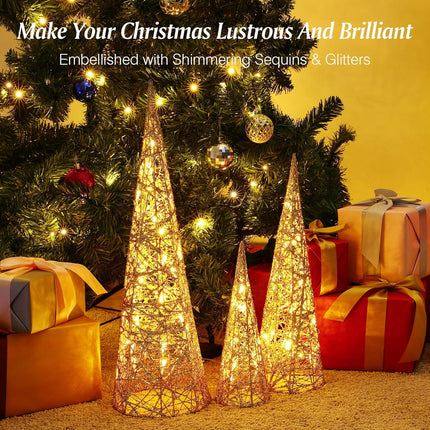 Lewondr Christmas Cone Trees, Set of 3 Christmas Tree with Lights and Glitters(24"/18"/12"), Battery Powered Decorative Winding Thread Outdoor Cone Christmas Tree for Home Holiday Xmas Décor, Gold