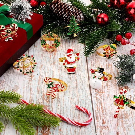 Yaomiao 24 Pcs Christmas Napkin Rings Include Christmas Tree, Christmas Crutch, Santa Claus, Christmas Wreath, Candy Canes and Other Elements for Holiday Party Dinner Table Setting Decoration