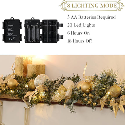 Valery Madelyn 6 feet Pre-Lit Christmas Garland with Lights for Mantle, Lighted Battery Operated Xmas Garland with White Gold Balls for Front Door Fireplace Table Centerpiece Outdoor Window Home Decor