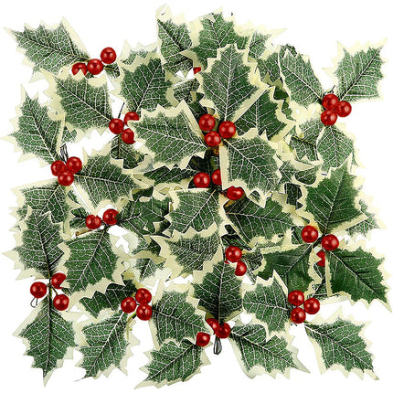 Artificial Christmas Red Berry Picks, 10pcs Artificial Holly Berry with Green Leaves for Xams Wreath Arrangement Cake Topper Box Decorations Crafts Supplies Red