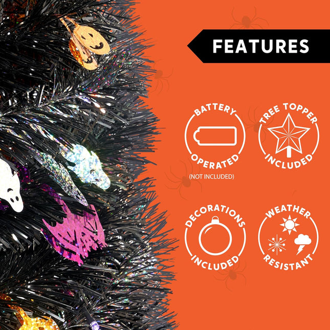 JOIEDOMI 5 FT Halloween Tree Outdoor Halloween Decorations with Timer 8 Modes, Pop Up Pencil Tree Tinsel Christmas Trees Collapsible Tree for Halloween Party Supplies Indoor Outside