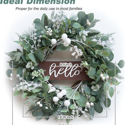 Winter Christmas Wreaths Front Door Decoration, Soomeir Artificial Wreath with Snow Leaves, Pines Needles and Hello Wooden Sign for Home Window Mantle Indoor Outdoor Decor