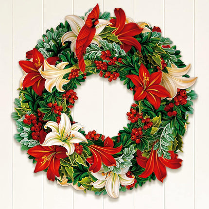 FreshCut Paper Pop Up Wreath, 15 inch Floral Paper Wreath, Reuseable Faux Flower Party Decoration & Indoor Wreath & Home Décor, 3D Popup Wreath with Blank Card, Winter Joy Wreath