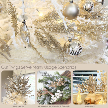 Sea Team 6-Pack Artificial Glitter Pine Twigs, Spruce Stem Ornaments, Decorative Sticks, Picks, Branches for Christmas Tree, Wreath, Vase Fillers for Centerpieces, Home Décor, Champagne