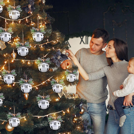 Aoriher 9 Pcs Christmas Bells Ornament 3.1" Rustic Christmas Jingle Bell Sleigh Letter Bells with Pine Cones Plaid Bow for Decoration DIY Holiday Door Window Tree Wreath Garland Party Supplies(White)