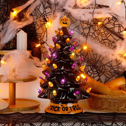 Blissun 12" Halloween Decorations Ceramic Tree, Hand-Painted Black Christmas Tree, Battery Powered Tabletop Halloween Lighted Ceramic Tree for Indoor Office Home Halloween Decorations