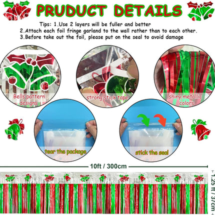 Christmas Parade Floats Foil Fringe, Each 10 ft x 15'' Red Green Silver Bells Tinsel Streamers Garland Banner Table Skirts for Christmas Trailer Car Graduation Homecoming Party (Bells 8 Pack)