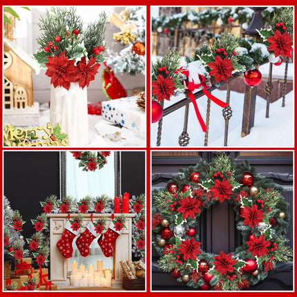 Hotop 12 Pcs Poinsettia Flowers Christmas Artificial Glitter Flower with Clips Poinsettia Christmas Decorations Artificial Christmas Flowers for Garland Wreath Tree Home Party (Red,Classic)