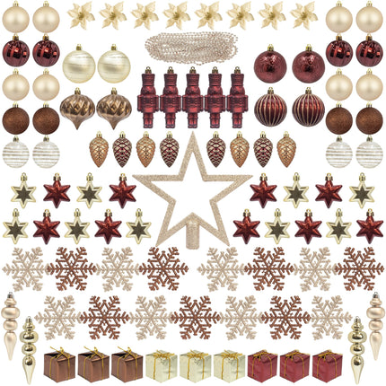 ITART 101pcs Christmas Tree Ornaments Assortment Burgundy Brown Champagne Gold Including Star Tree Topper Balls Nutcracker Figurines Snowflakes Poinsettia Flowers Bead Garland for Christmas Tree Decor