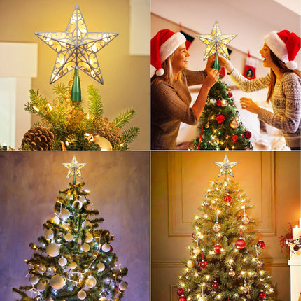 Brizled 9.5” Christmas Star Tree Topper, Glittered Silver Treetop Star, 3D Star Christmas Tree Topper with 10 Lights, UL Lighted Xmas Tree Topper for Christmas Tree Decorations