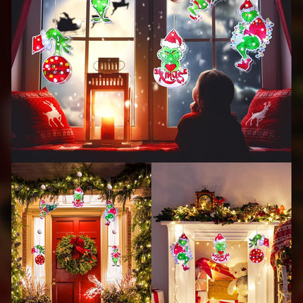 Brightown Christmas Window Lights Decorations, Lighted Christmas Hanging Lights Stole Green Monster Shaped Battery Operated with Suction Cup Hook for Xmas Tree Fireplace Window Indoor Decor