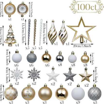 Valery Madelyn Christmas Ball Ornaments, 100ct White and Gold Shatterproof Christmas Tree Decorations Set, Elegant Hanging Ornaments for Xmas Trees Bulk Holiday Decor