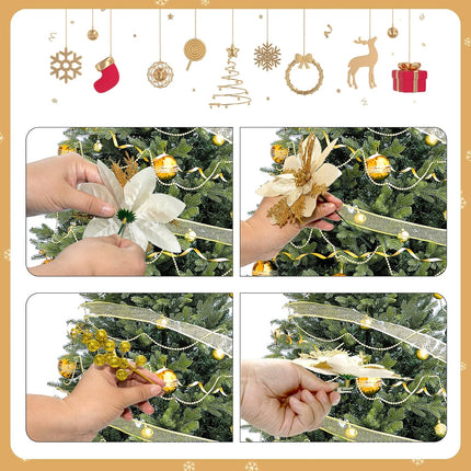 38Pcs Gold Christmas Decorations Set Include 24Pcs Artificial Christmas Flowers, Clamp and Stem, 12Pcs Holly Berry Stems, 2Pcs Ribbon, Poinsettia Christmas Tree Picks for Wreaths Garland Decor
