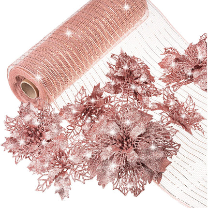 Yeshone 20 Pcs Christmas Glitter Poinsettia Faux Flowers with 30 ft Christmas Mesh Ribbon Rolls Christmas Tree Ornament Christmas Flowers Xmas Tree Wreaths Decor for Christmas Wedding(Rose Gold)