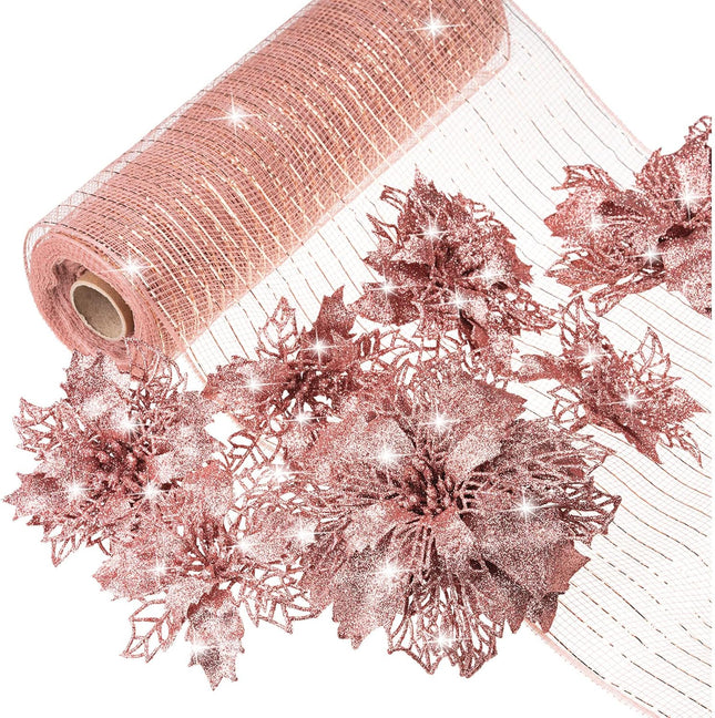 Yeshone 20 Pcs Christmas Glitter Poinsettia Faux Flowers with 30 ft Christmas Mesh Ribbon Rolls Christmas Tree Ornament Christmas Flowers Xmas Tree Wreaths Decor for Christmas Wedding(Rose Gold)