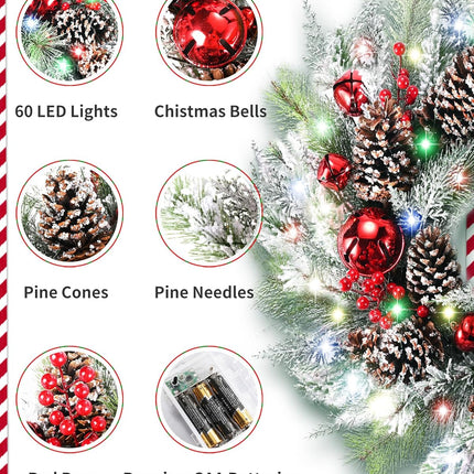 DDHS Christmas Wreaths for Front Door,24 Inch Pre-Lit Winter Wreath with Big Bells, Pine Cones, Red Berries 60 LED Lights, for Party Table Fireplaces Porch Walls Years Christmas Home Decor-Snow