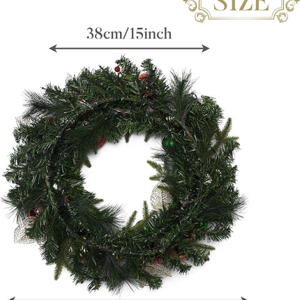 Valery Madelyn 24 Inch Pre-Lit Christmas Wreath for Front Door with Lights, Large Lighted Christmas Wreath with Red Green Gold Xmas Ball for Fireplace Window Outdoor Table Centerpiece Home Decoration