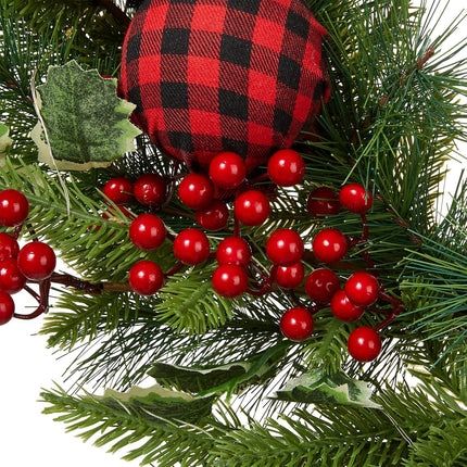Glitzhome 24 Inch Prelit Christmas Wreath, Berry Holly Pine Wreath, Holiday Xmas Hanging Decoration for Front Door Porch