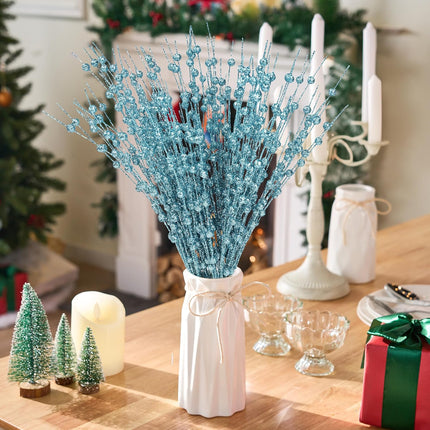 Joiedomi 12 Pcs Christmas Blue Glitter Berry Stems, 17'' Christmas Tree Picks, Xmas Wreath Ornaments Artificial Decorative Sticks, Glitter Twigs DIY Garland Crafts for Holiday Wedding Party Home Decor
