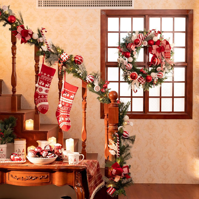 Valery Madelyn 9 feet Pre-Lit Christmas Garland with Lights for Mantle, Lighted Battery Operated Candy Cane Xmas Garland with Red White Balls for Front Door Fireplace Table Centerpiece Outdoor Decor