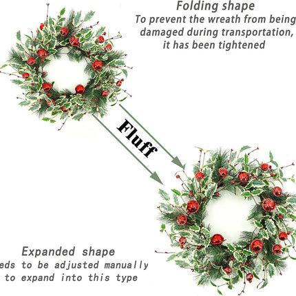 Artificial Christmas Wreath Winter Wreath with Holly Leaves,Red Bell for Front Door Indoor Outdoor Farmhouse Wall Holiday Decor