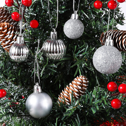 Aodaer 142 Pieces Silver Assorted Christmas Tree Ball Ornament Set Shatterproof Hanging Decoration, Christmas Tree Ball, Glitter Poinsettia, Bowknot, Tinsel, Leaves for Xmas Tree Holiday Wedding Party