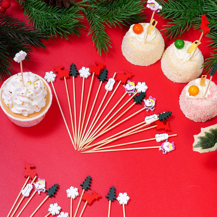 100pcs Christmas Cocktail Picks Appetizer Decorative Toothpicks Santa Claus Wooden Fruits Pick Snowflake Snowman Christmas Tree Elk Bamboo Sticks for Drink Cake Topper Dessert Xmas Party Food Decor