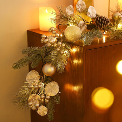 Valery Madelyn 9 feet Pre-Lit Christmas Garland with Lights for Mantle, Lighted Battery Operated Xmas Garland with White Gold Ball for Front Door Fireplace Table Centerpiece Outdoor Window Home Decor