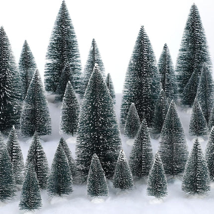 Crowye 80 Pcs Christmas Village Trees Mini Dollhouse Christmas Tree Pine Cedar Trees with White Plastic Base Miniature Christmas Village Accessories for Winter Party Decor, 6 Sizes(Dark Green)