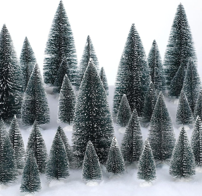Crowye 80 Pcs Christmas Village Trees Mini Dollhouse Christmas Tree Pine Cedar Trees with White Plastic Base Miniature Christmas Village Accessories for Winter Party Decor, 6 Sizes(Dark Green)