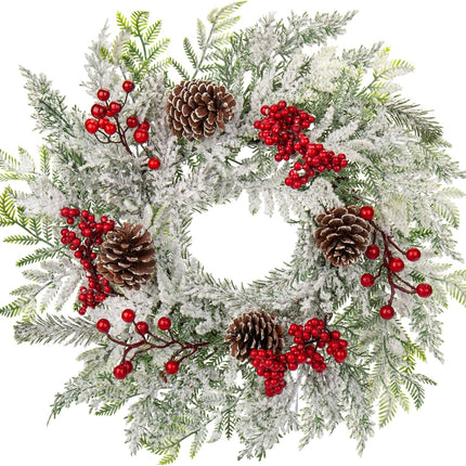 Christmas Wreath, 18 Inch Flocked Snow Wreath with Frosted Branches, Berries and Pine Cones for Front Door Decoration Indoor Window Wall Fireplace Xmas Décor