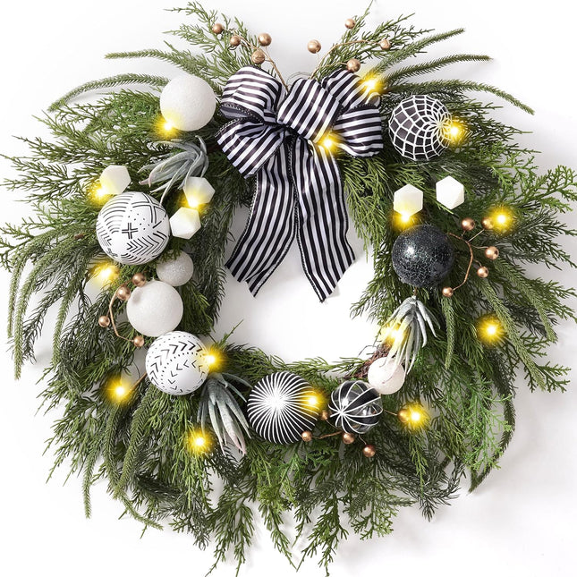 Decorbyhannah Collapsible Christmas Wreath, 24 inch Prelit Norfolk Pine Wreaths for Front Door with Ornament, Aritificial Greenery Christmas Wreath Decorations with Lights (Boho Black & White)
