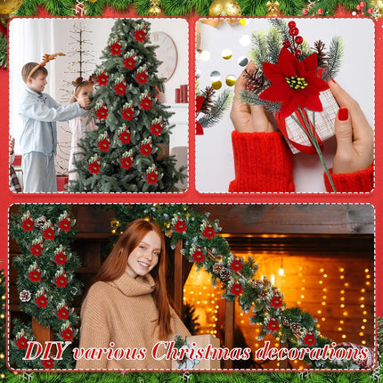 8 Pcs 13.4 Inch Red Poinsettia Artificial Christmas Flowers Bouquet with Pine Cone Red Berry Pine Needle Artificial Plants Christmas Decor for Craft Xmas Tree Garland Home Indoor Outdoor