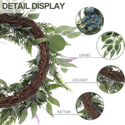Artgar Eucalyptus Wreath, 18" Front Door Eucalyptus Wreath, Four Season Wreath, Lavender Green Wreath with 20 LED Lights for Front Door, Windows, Walls, Farmhouse, Home Year Round Decoration