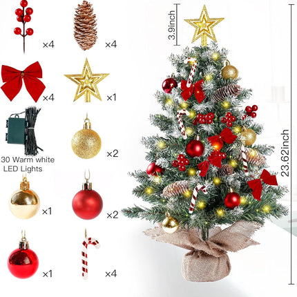 Sggvecsy 23.6’’ Mini Snow Frosted Christmas Tree Table Top Lighted Artificial Xmas Tree Star Treetop Pine Cones Red Bows Balls Candy Canes Red Berries Hanging Ornaments DIY Holiday Indoor Decorations
