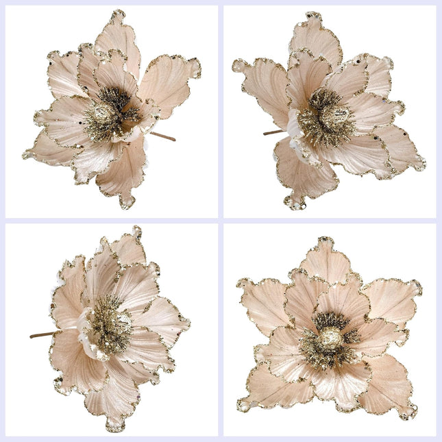 M2cbridge Artificial Christmas Magnolia Flowers Red Velvet Poinsettia Floral Picks for Christmas Wreath Tree Ornaments (4pcs Champagne Magnolia)