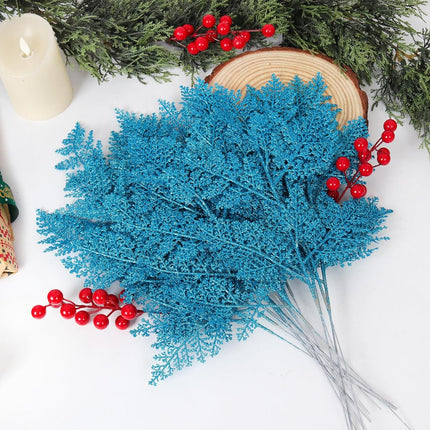 Christmas Artificial Pine Needles Stems 17.3In Glitter Branches Pine Leaves Picks Christmas Tree Filler Branches Fake Floral Twig Stems for DIY Garland Flower Home Wreaths Holiday Winter Decor(Blue)