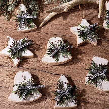 Christmas Decorations Indoor Decor: 12pcs Rustic Wood Christmas Tree Decorations, Boho Farmhouse Whitewash Hanging Ornaments with Plaid Bows Pine Branches for Kids Home Office Fireplace Garland