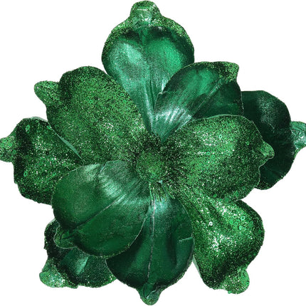 GL-Turelifes 10’’ Large Glitter Christmas Flowers 6 Pcs Artificial Magnolia Flower Ornaments Fold Floral for Christmas Tree Decorations Xmas Tree Year Party Wedding Centerpiece (Green)