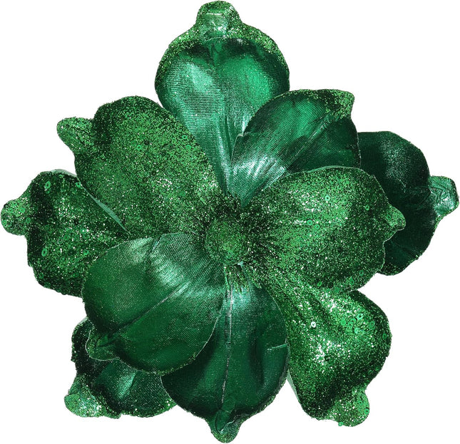 GL-Turelifes 10’’ Large Glitter Christmas Flowers 6 Pcs Artificial Magnolia Flower Ornaments Fold Floral for Christmas Tree Decorations Xmas Tree Year Party Wedding Centerpiece (Green)