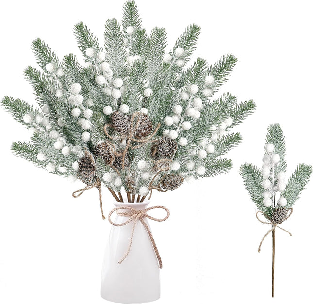 Sggvecsy 6 Pack Snow Frosted Christmas Berries Pine Picks Artificial White Berry Pine Branches Faux Pine Stem with Pine Cones for Xmas Tree Wreath DIY Craft Floral Arrangement Holiday Decor (White)