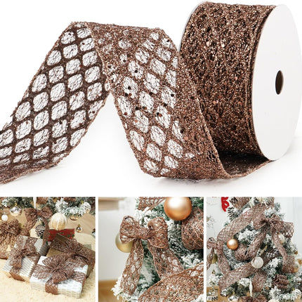 MAYREEL Brown Wired Ribbon 2.5 Inch x 10 Yards Glitter Wired Ribbon Copper Christmas Decorations Copper Wired Ribbon for Thanksgiving Fall Wreath Supply Christmas Tree Ribbon Garland Topper Bow