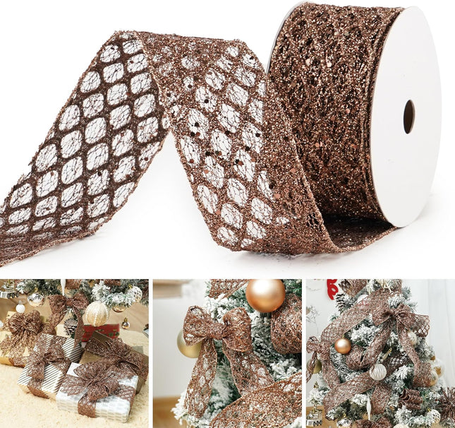 MAYREEL Brown Wired Ribbon 2.5 Inch x 10 Yards Glitter Wired Ribbon Copper Christmas Decorations Copper Wired Ribbon for Thanksgiving Fall Wreath Supply Christmas Tree Ribbon Garland Topper Bow