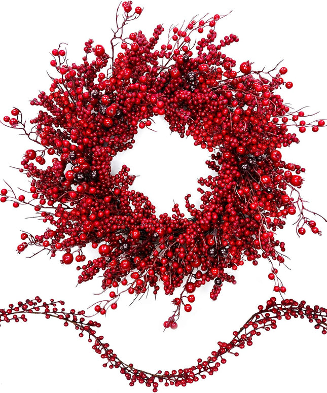 Chrisxiao 24 Inch Christmas Wreath Front Door,Artificial Christmas Wreath Decorated with Holly Berries, Hawthorn Berries, for Indoor Outdoor Christmas Decoration